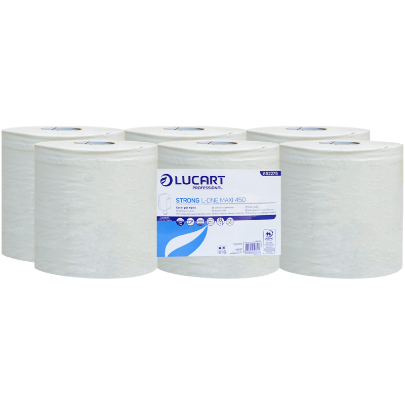 Rola prosop de hartie, alba, pentru dispenser cu extragere centrala, Lucart L-One Maxi, 2 straturi, 6 role, 450 foi
